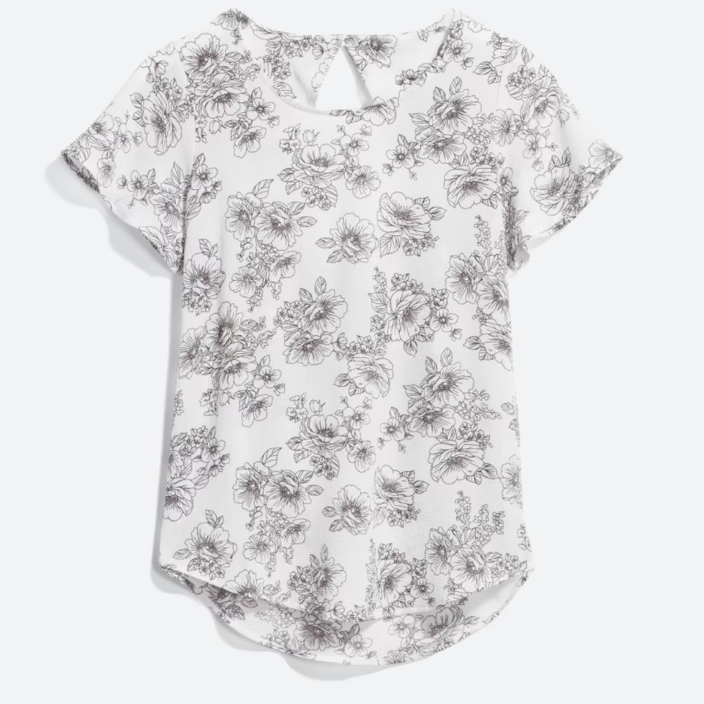 Jella C Pippin Flowy Open Back Flutter Sleeve Black/White Print Blouse Top